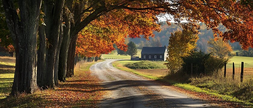 9. A quaint country road lined with trees in peak fall colors, with a gentle breeze blowing leaves across the path, leading to a charming farmhouse in the distance