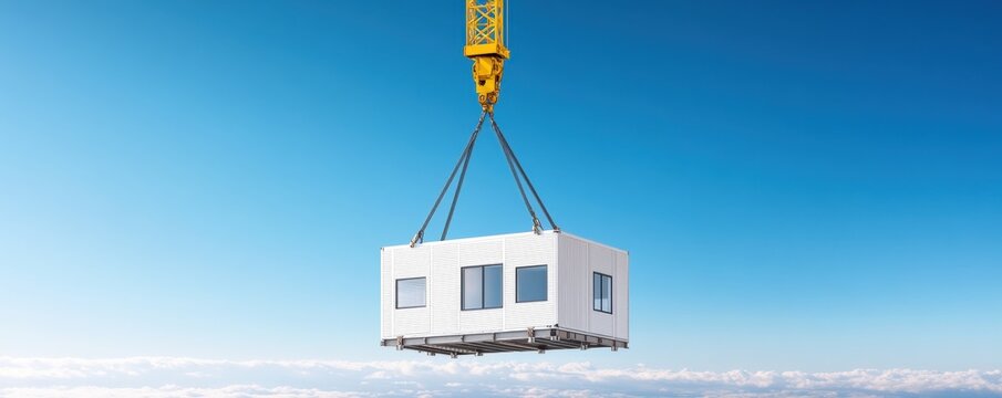 A construction crane lifts a modular unit against a blue sky, showcasing modern architecture and innovative building techniques.