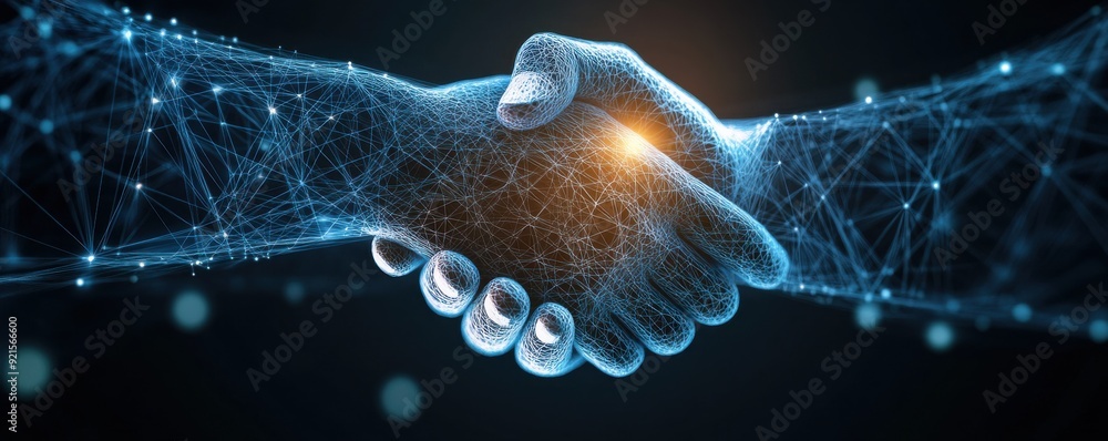Poster a futuristic handshake symbolizing connection and collaboration in a digital landscape, showcasing t