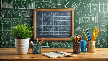 Chalkboard filled with complex math equations and formulas, surrounded by pencils, erasers, and a calculator, in a tidy and organized classroom setting.