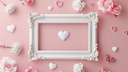 White picture frame against a pink backdrop, adorned with Valentines Day-themed elements like hearts and flowers, romantic and elegant