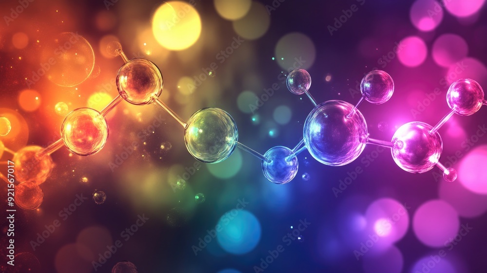 Poster abstract molecular structures with colorful light effects, providing space for text