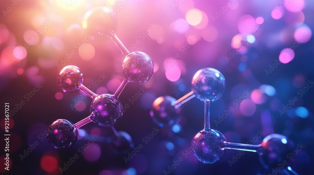 Poster abstract molecular structures with colorful light effects, providing space for text