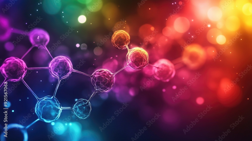 Poster abstract molecular structures with colorful light effects, providing space for text