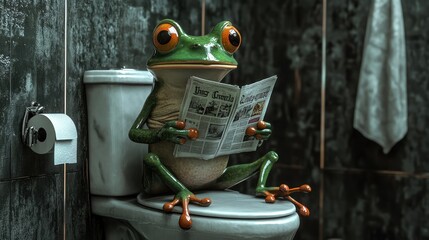 frog sitting on the toilet, reading a newspaper