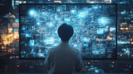 Futuristic Technology Interface: Person Analyzing Big Data on Digital Screen in a Neon Urban Environment