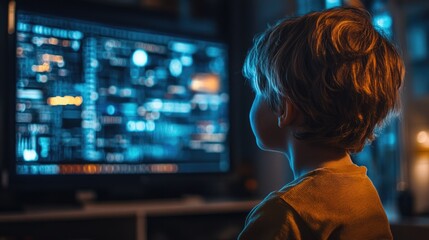 Young Boy Engrossed in High-Tech Computer Screen with Holographic Interface