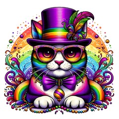 Colorful Cat in a Top Hat and Sunglasses