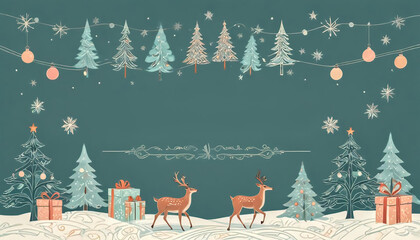 Winter Forest with Christmas Trees and Reindeer: Illustration of winter landscape with decorated Christmas trees, reindeer, gift boxes, and festive decorations on a snowy background.