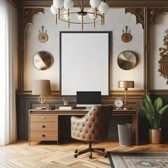 Luxurious Home Office Interior with  Classic Decor and Blank Canvas