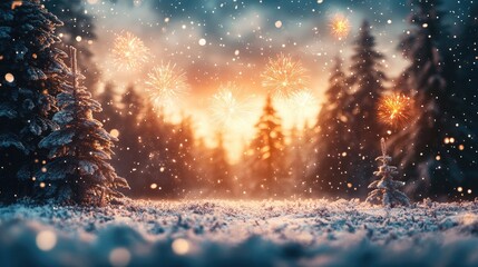 Winter Wonderland with Festive Fireworks in Snow-Covered Forest at Sunset