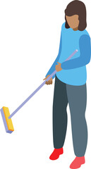 Young woman working as a cleaning lady is holding a mop