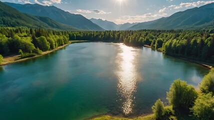 lake surrounded by pine trees. The lake is a deep blue color.