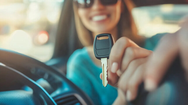 car dealer hands over a vehicle key to a customer in a modern showroom, symbolizing trust, successful transactions, and new beginnings. The focus is on the key, representing ownership and freedom