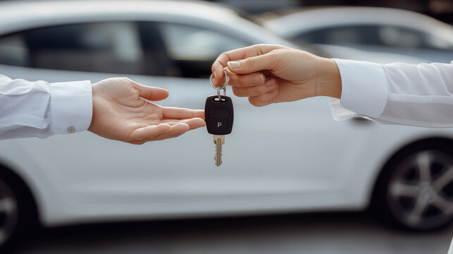  car dealer hands over a vehicle key to a customer in a modern showroom, symbolizing trust, successful transactions, and new beginnings. The focus is on the key, representing ownership and freedom - Powered by Adobe