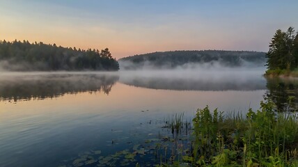  lake with a misty sunrise over the trees.