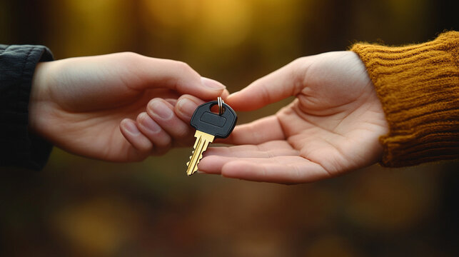 car dealer hands over a vehicle key to a customer in a modern showroom, symbolizing trust, successful transactions, and new beginnings. The focus is on the key, representing ownership and freedom