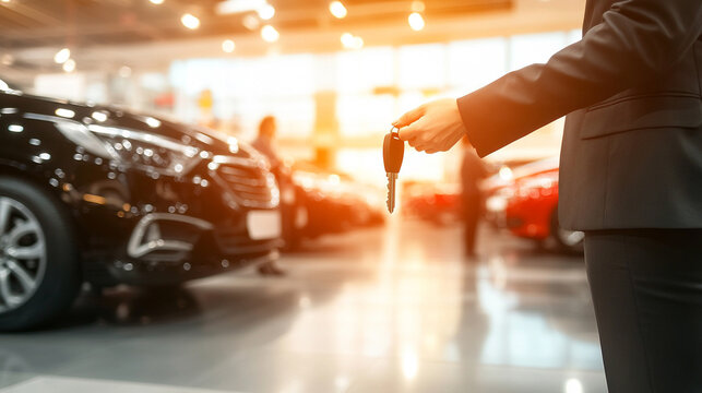 car dealer hands over a vehicle key to a customer in a modern showroom, symbolizing trust, successful transactions, and new beginnings. The focus is on the key, representing ownership and freedom