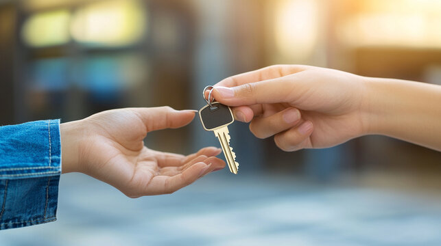 car dealer hands over a vehicle key to a customer in a modern showroom, symbolizing trust, successful transactions, and new beginnings. The focus is on the key, representing ownership and freedom