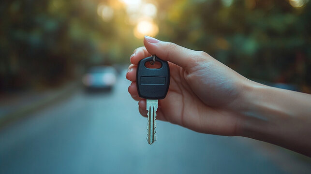 car dealer hands over a vehicle key to a customer in a modern showroom, symbolizing trust, successful transactions, and new beginnings. The focus is on the key, representing ownership and freedom