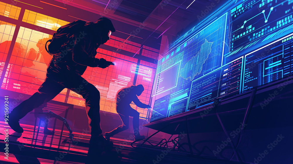 Poster a dynamic scene showing a cyber attacker attempting to breach a network while cybersecurity professi