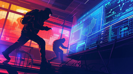 a dynamic scene showing a cyber attacker attempting to breach a network while cybersecurity professionals respond with countermeasures for digital data protection 