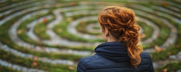 Woman practicing mindful walking in a labyrinth, focusing on each step and the path ahead, representing structured mindfulness practice