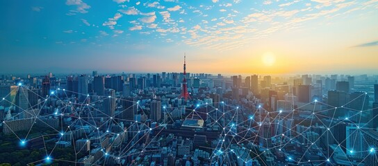 Sunrise over Tokyo Skyline with Network Connections