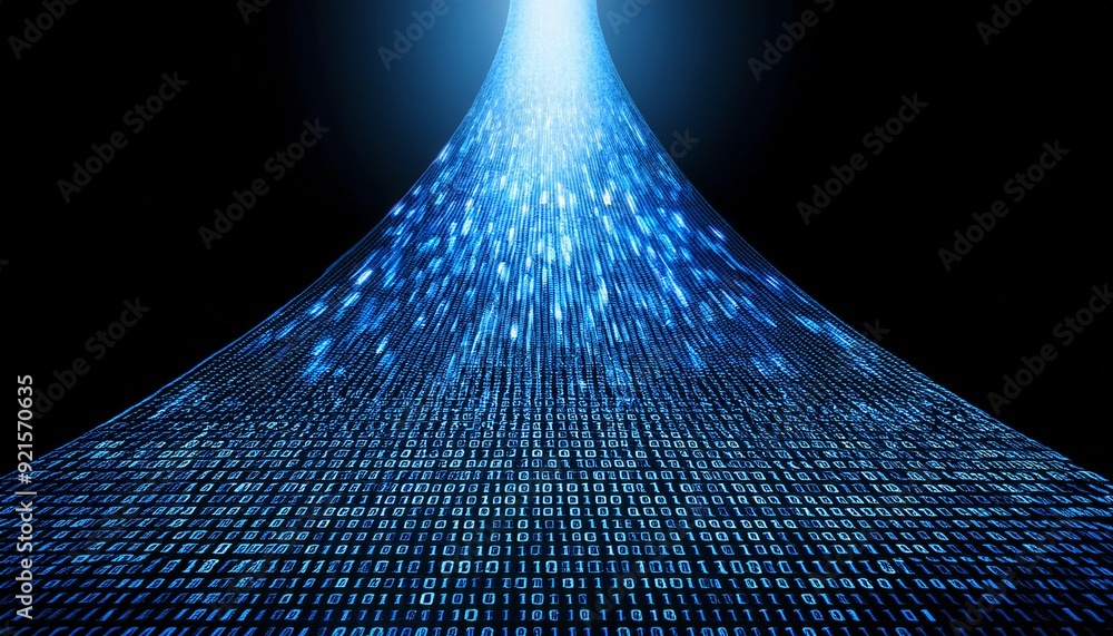 Aufkleber long digital pipeline shaped by vibrant glowing blue matrix binary code, isolated on a black backgro