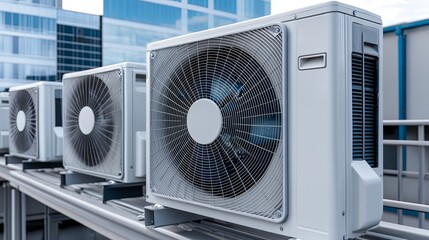 semi close-up of skilled HVAC professionals working on an air conditioning system, demonstrating technical expertise and collaboration, outdoor urban setting, copy space for text,