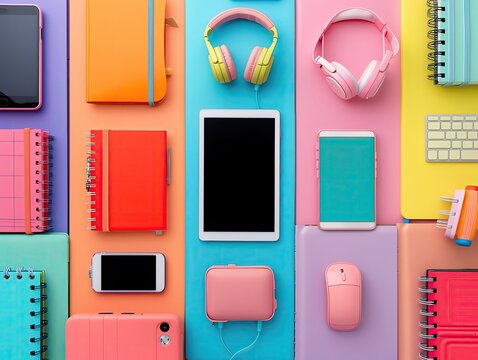 A colorful assortment of backtoschool tech gadgets for kids