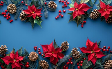 Christmas background with red poinsettia flowers pine cone 