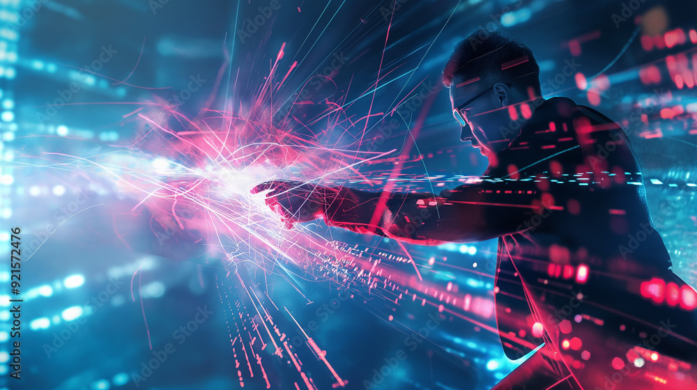 Poster a dynamic scene showing a cyber attacker attempting to breach a network while cybersecurity professi