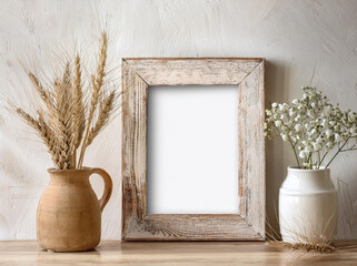 Portrait frame mock up in a rustic farmhouse setting, distressed wooden frame, textured wall, vintage decor, cozy and warm atmosphere, perfect for family photos, still life with flowers and vase.