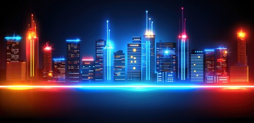 A modern city with tall buildings and blue, yellow, and red lights