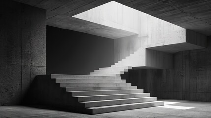 A dark grey room with a wide staircase 