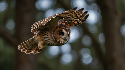 Tawny owl in flight