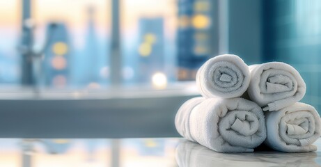 4 white towels on the table with a large window blur background 