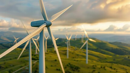 Wind turbines on a green hilltop generating renewable energy during sunset, symbolizing clean energy and sustainable solutions.