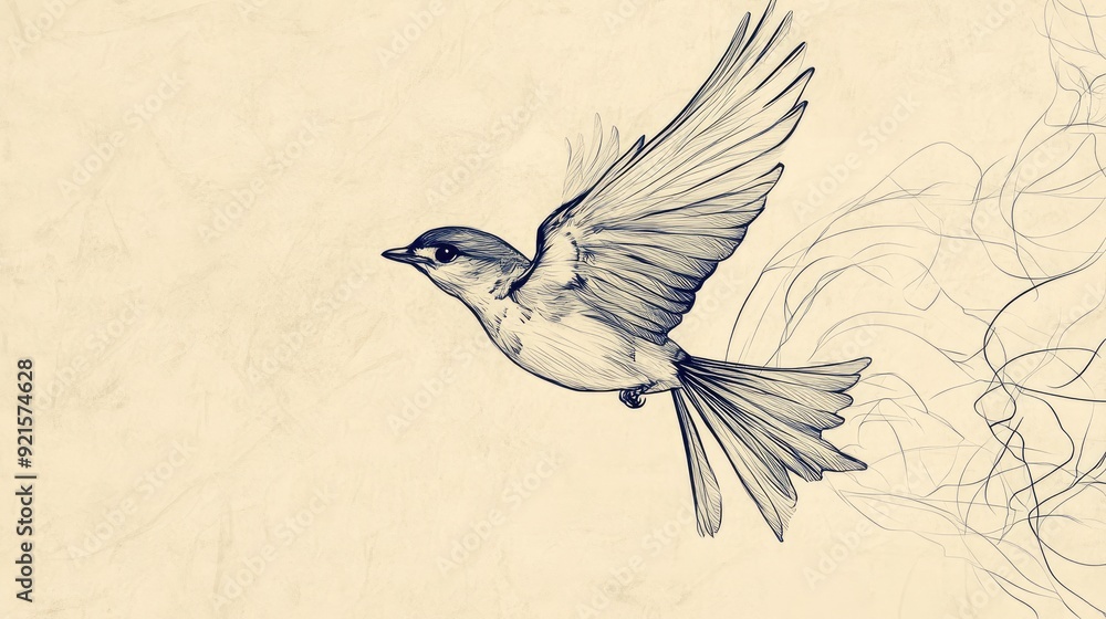 Wall mural artistic abstract line drawing of a bird in flight, with a calm, abstract background for text placem