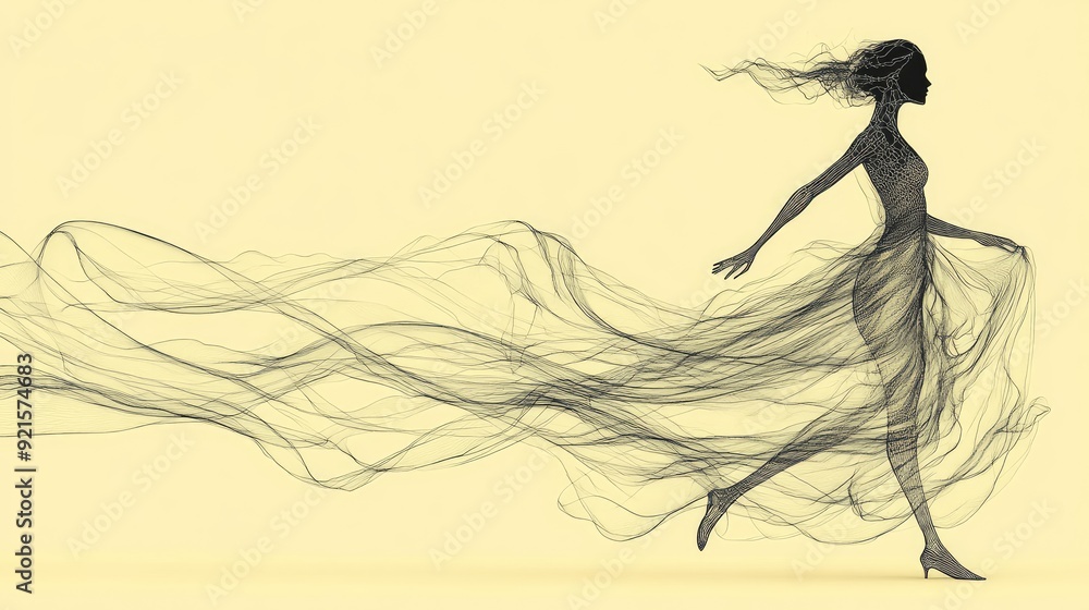 Poster artistic abstract line drawing of a silhouette in motion, with a blank background for adding text