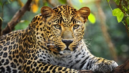Fototapeta premium close-up portrait of a javan leopard showcasing its distinctive markings and intense gaze, highlighting the beauty and majesty of this endangered big cat
