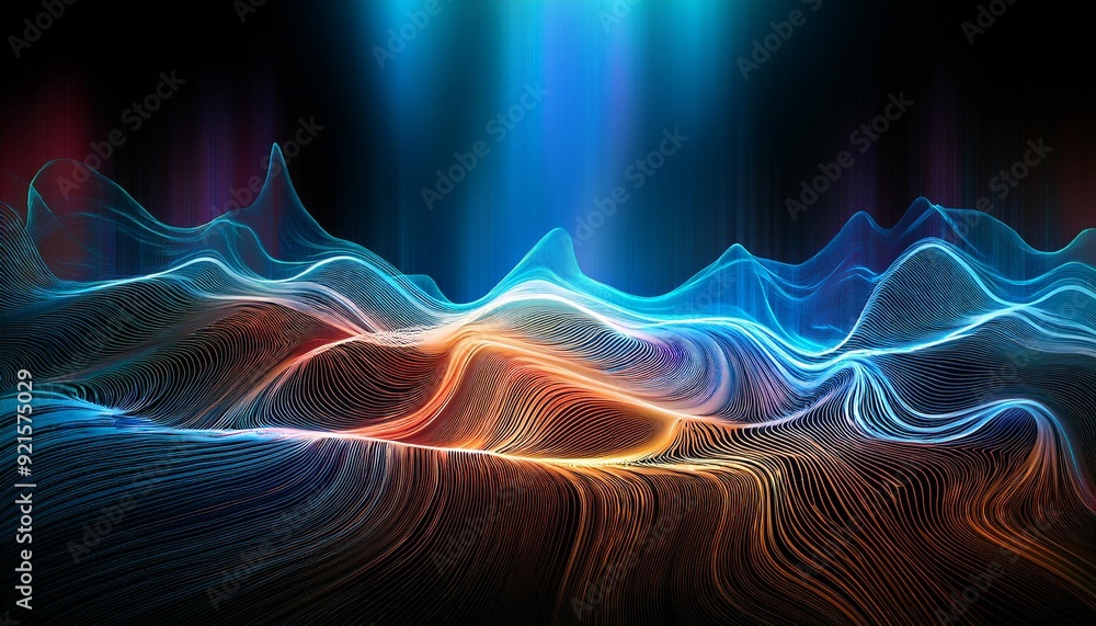Poster dark abstract background featuring glowing abstract waves and sound waves