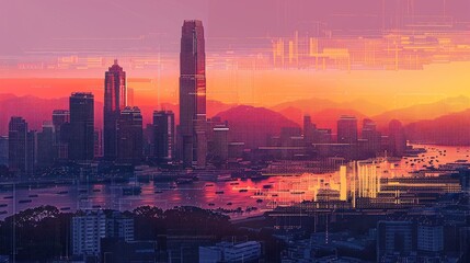 Fototapeta premium Digital art of a modern city skyline with a sunset backdrop, featuring abstract lines and geometric patterns in a warm color palette.