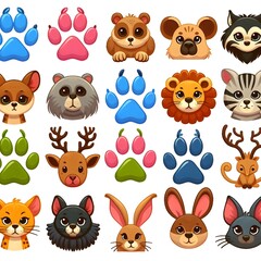 Cartoon Animal Paw Prints and Faces Collection