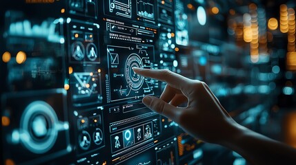 Close-up of hand interacting with futuristic digital interface displaying graphs and charts. High-tech data visualization and analysis.