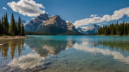Naklejka premium picturesque mountain lake with snow-capped peaks