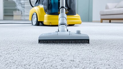 Fototapeta premium Home hygiene vacuuming process a close-up view of a vacuum cleaner on a soft carpet, showcasing the modern appliance in action. Ideal for home care, cleanliness, and hygiene themes.