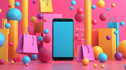 mobile phone surrounded by 3D product icons and shopping bags, shopping concept