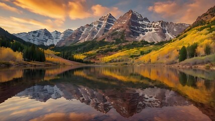 Fototapeta premium image shows a still lake with snow-capped mountains 